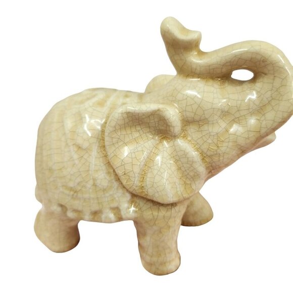 Ceramic Elephant Figurine Ivory Crackle Glaze Home Decor Collectible 6.75 In - Picture 2 of 5